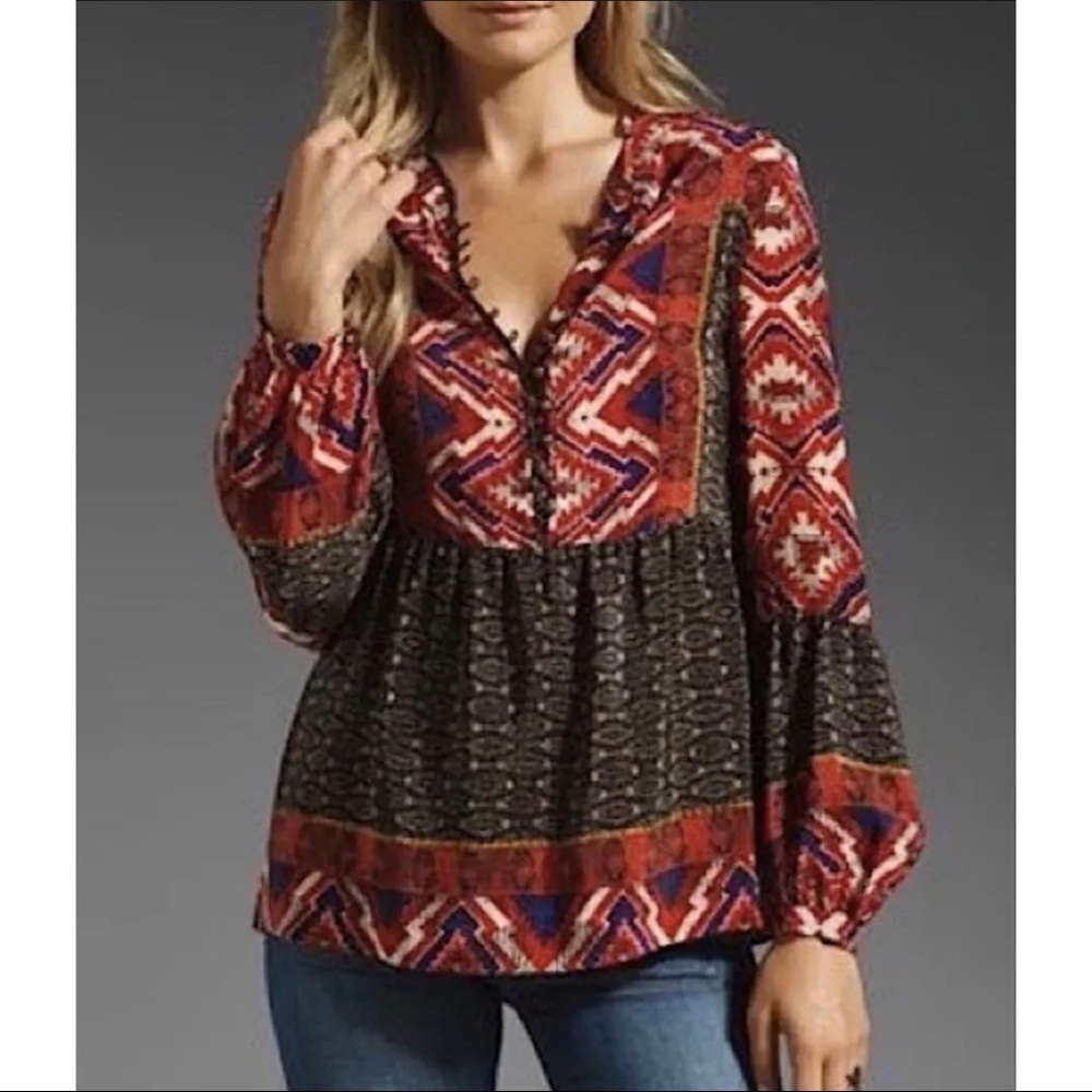 Konrad + Joseph Anthropologie Womens Sz M Peasant Blouse Top Red Mandarin Collar